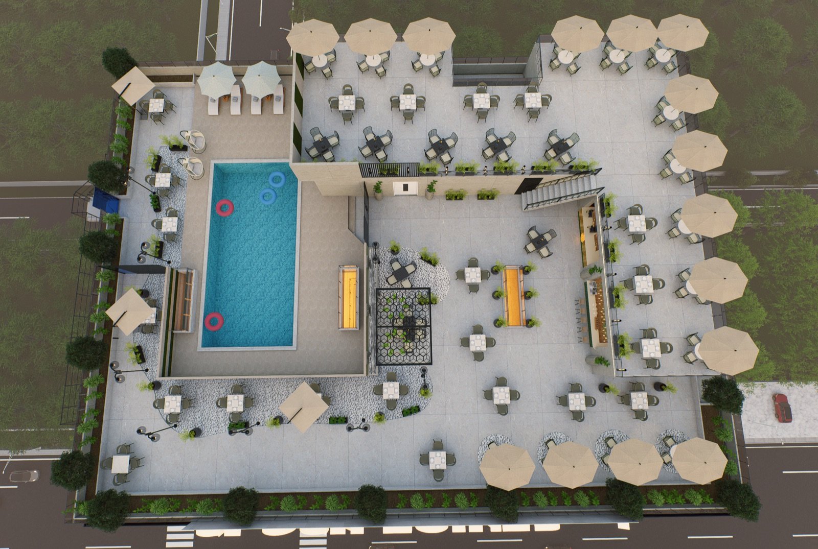 Rooftop amenities, aerial view
